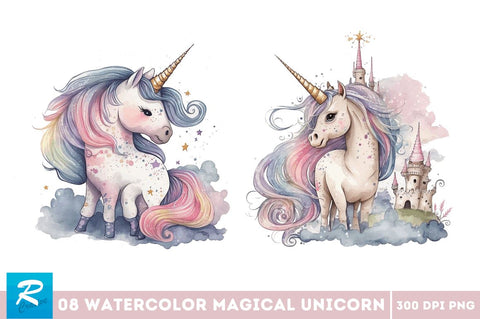 Watercolor Magical Unicorn Clipart Bundle Sublimation Regulrcrative 