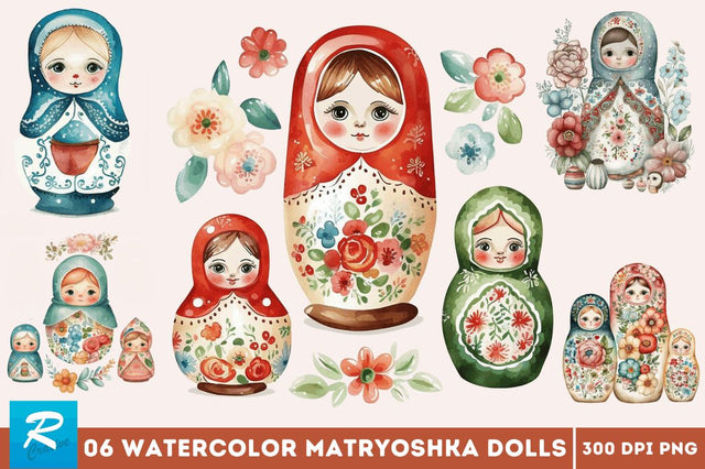 Watercolor Matryoshka Dolls Clipart Bundle Sublimation Regulrcrative 