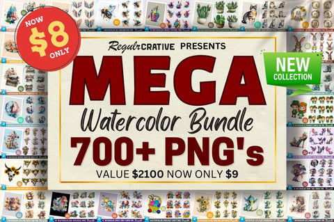 Watercolor MEGA Bundle - 700 PNG Designer Deal Sublimation Regulrcrative 