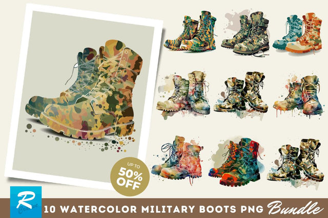 Watercolor Military Boots Clipart Bundle Sublimation Regulrcrative 