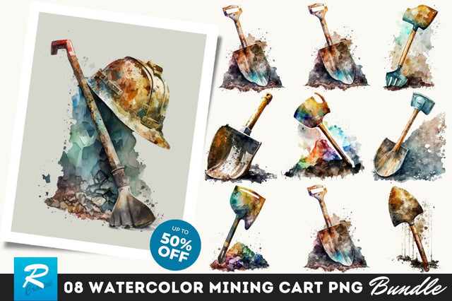 Watercolor Miner Pick Shovel Clipart Bundle Sublimation Regulrcrative 