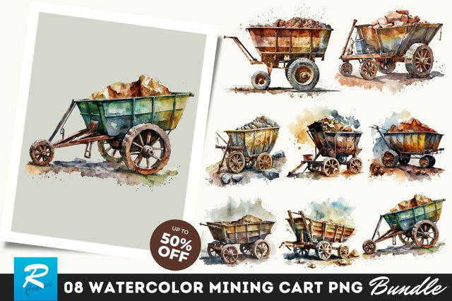 Watercolor Mining Cart Clipart Bundle Sublimation Regulrcrative 