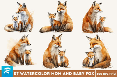 Watercolor Mom and Baby Fox Clipart Bundle Sublimation Regulrcrative 