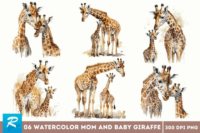 Watercolor Mom and Baby Giraffe Clipart Bundle Sublimation Regulrcrative 