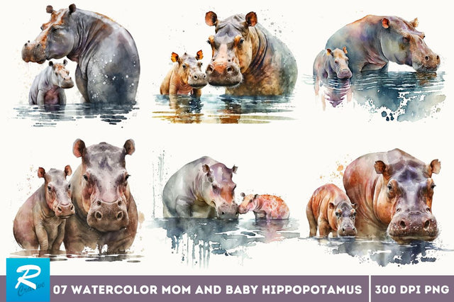 Watercolor Mom and Baby Hippopotamus Clipart Bundle Sublimation Regulrcrative 