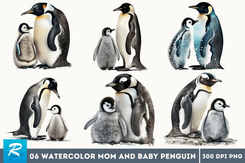 Watercolor Mom and Baby Penguin Clipart Bundle Sublimation Regulrcrative 