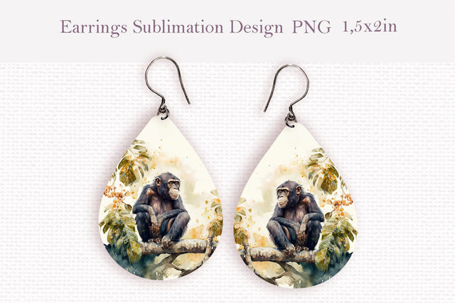 Watercolor monkey teardrop sublimation earrings design Sublimation LuckyTurtleArt 