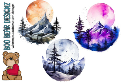 Watercolor Moon and Mountain clipart Sublimation Boo Bear Designz 