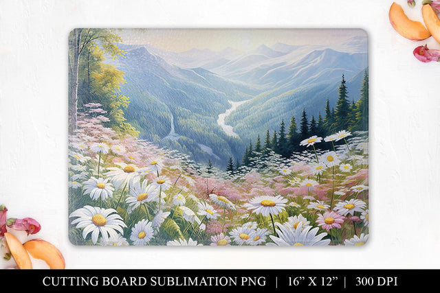 Watercolor Mountains with Daisies Cutting Board Sublimation Sublimation BijouBay 