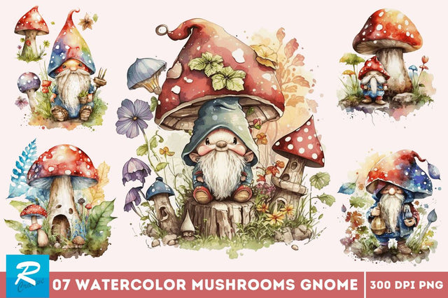 Watercolor Mushrooms Gnome Clipart Bundle Sublimation Regulrcrative 