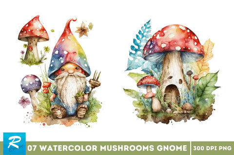 Watercolor Mushrooms Gnome Clipart Bundle Sublimation Regulrcrative 