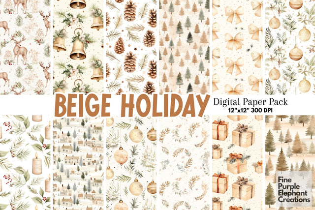 Watercolor Neutral Beige Christmas Digital Pattern Fine Purple Elephant Creations 