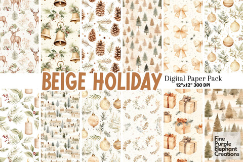 Watercolor Neutral Beige Christmas Digital Pattern Fine Purple Elephant Creations 