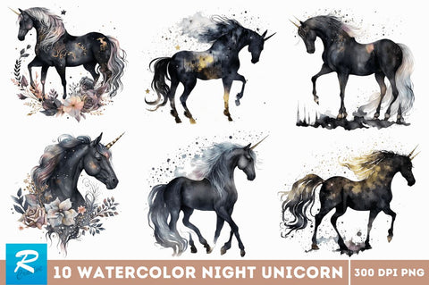 Watercolor Night Unicorn Clipart Bundle Sublimation Regulrcrative 