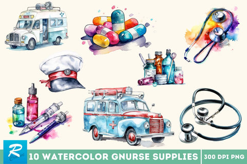 Watercolor Nurse Supplies Clipart Bundle Sublimation Regulrcrative 