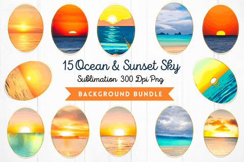 watercolor Ocean Water & Sunset Sky Sublimation Oval Background Bundle Sublimation Regulrcrative 