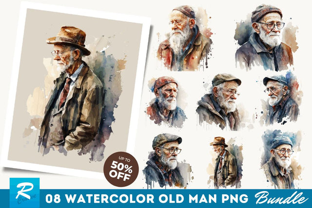 Watercolor Old Man Clipart Bundle Sublimation Regulrcrative 