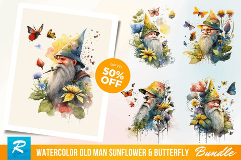 Watercolor Old man sunflower & Butterfly Clipart Bundle Sublimation Regulrcrative 