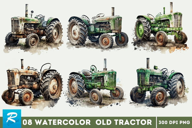 Watercolor Old Tractor Clipart Bundle Sublimation Regulrcrative 