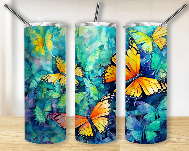Watercolor Painting Of Several Many Monarch Butterflies 20oz Skinny Tumbler Png, Blue Background Monarch Butterflies Tumbler, Yellow Butterflies Tumbler, Bufferfly Gift, Butterfly Lover Tumbler Sublimation BouDesign 