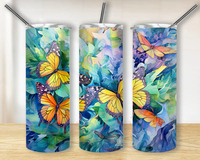 Watercolor Painting Of Several Many Monarch Butterflies 20oz Skinny Tumbler Png, Blue Background Monarch Butterflies Tumbler, Yellow Butterflies Tumbler, Bufferfly Gift, Butterfly Lover Tumbler Sublimation BouDesign 