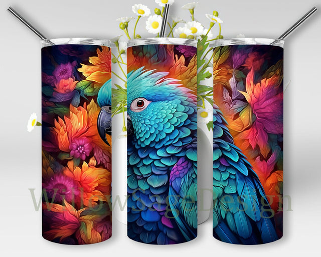 Watercolor Parrot 20oz Skinny Tumbler Png, Tropical Beautiful Bird Tumbler Design, Vibrant Parrots Tropical Wildflowers Tumbler, Parrot Floral Tumbler Sublimation WillowSageDesign 