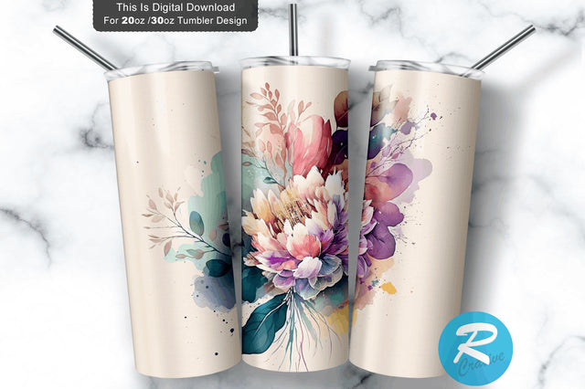 Watercolor Pastel Colorful Floral 20 oz / 30 oz Tumbler PNG Sublimation Regulrcrative 