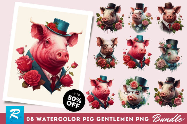 Watercolor Pig Gentlemen Clipart Bundle Sublimation Regulrcrative 