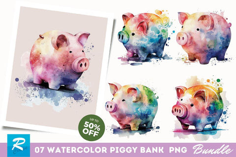 Watercolor Piggy Bank Clipart Bundle Sublimation Regulrcrative 