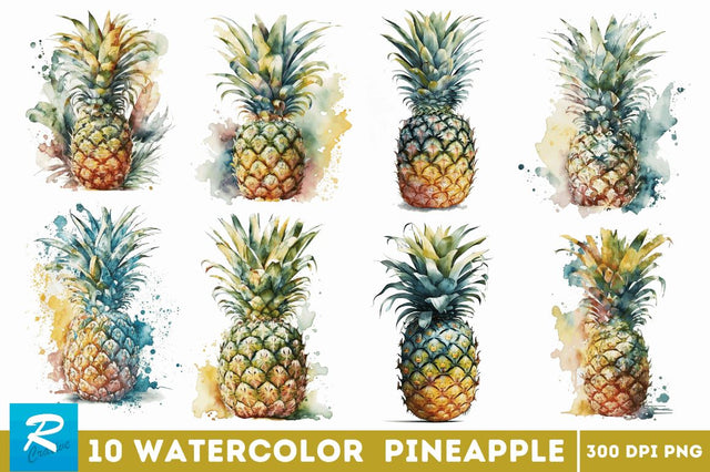 Watercolor Pineapple Clipart Bundle Sublimation Regulrcrative 