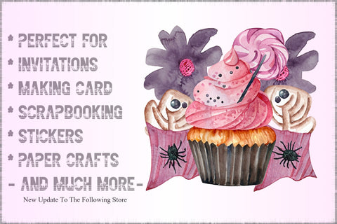Watercolor Pink Cupcake and Halloween Clipart Sublimation Creativeart88 