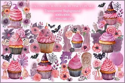 Watercolor Pink Cupcake and Halloween Clipart Sublimation Creativeart88 