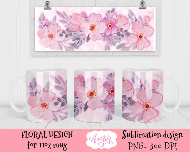 Watercolor pink floral design for mug sublimation Sublimation Amorclipart 