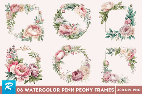 Watercolor Pink Peony Frames Clipart Bundle Sublimation Regulrcrative 