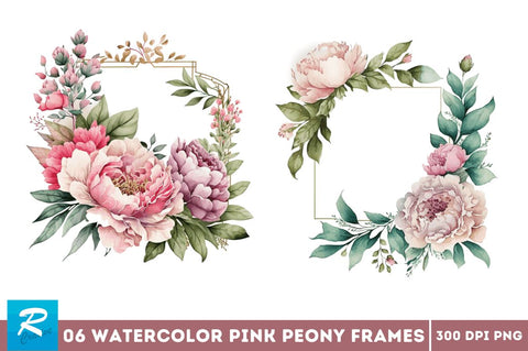 Watercolor Pink Peony Frames Clipart Bundle Sublimation Regulrcrative 