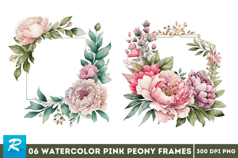 Watercolor Pink Peony Frames Clipart Bundle Sublimation Regulrcrative 