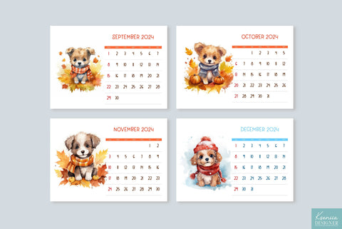Watercolor Printable Calendar 2024| Cute Puppy Wearing Hat Sublimation Kseniia designer 