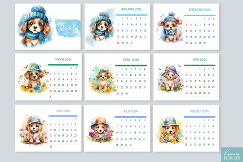 Watercolor Printable Calendar 2024| Cute Puppy Wearing Hat Sublimation Kseniia designer 