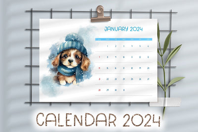 Watercolor Printable Calendar 2024| Cute Puppy Wearing Hat Sublimation Kseniia designer 