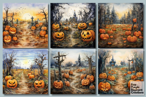 Watercolor Pumpkin Harvest | Halloween Background Digital Pattern Fine Purple Elephant Creations 