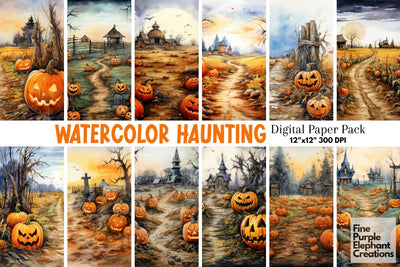 Watercolor Pumpkin Harvest | Halloween Background Digital Pattern Fine Purple Elephant Creations 