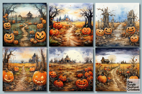 Watercolor Pumpkin Harvest | Halloween Background Digital Pattern Fine Purple Elephant Creations 