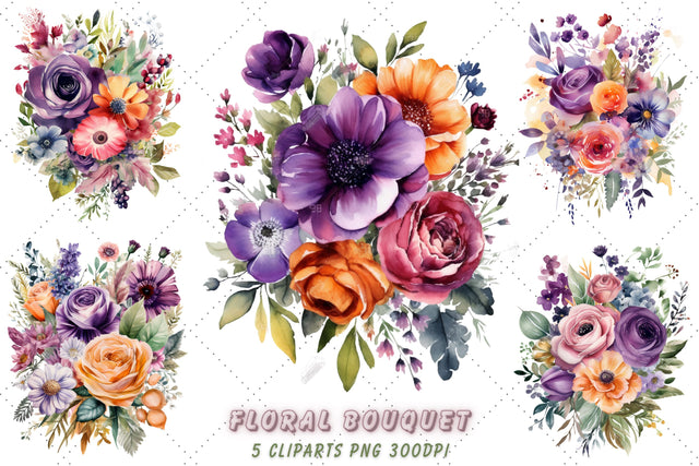 Watercolor Purple Floral Bouquet Clipart Bundle, Sublimation, Purple Floral Bouquet Sublimation FloridPrintables 