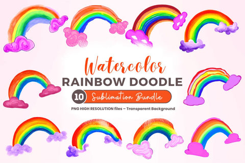 Watercolor Rainbow Doodle Clipart Bundle Sublimation Regulrcrative 