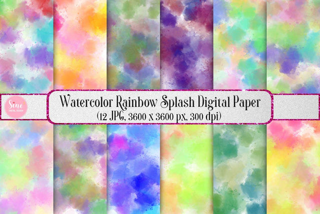 Watercolor Rainbow Splash Digital Papers Background Pack Digital Pattern SineDigitalDesign 