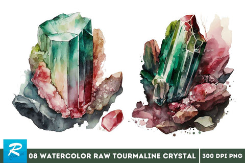 Watercolor Raw Tourmaline Crystal Clipart Bundle Sublimation Regulrcrative 