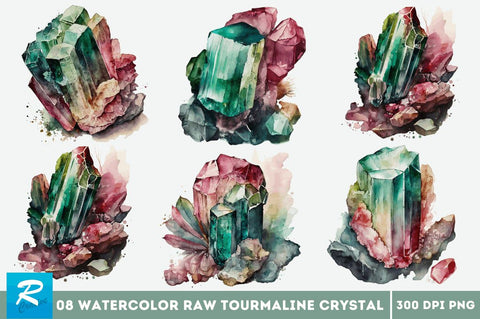 Watercolor Raw Tourmaline Crystal Clipart Bundle Sublimation Regulrcrative 
