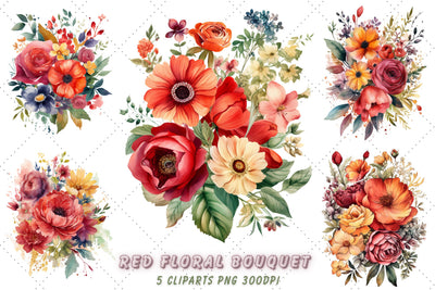 Watercolor Red Floral Bouquet Clipart Bundle, Sublimation, Red Floral Bouquet Sublimation FloridPrintables 