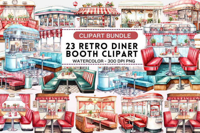 Watercolor Retro Diner Booth Clipart Sublimation Regulrcrative 