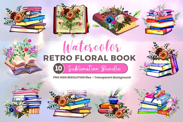 Watercolor Retro Floral Book clipart Bundle Sublimation Regulrcrative 